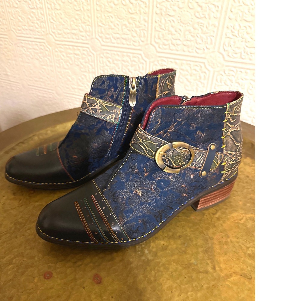 L'Artiste Spring Step Georgiana Blue Multi Leather Floral Ankle Boots 39